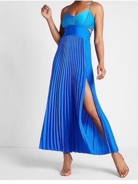 Express Bright Blue Pleated Maxi Skirt with High Side Slit